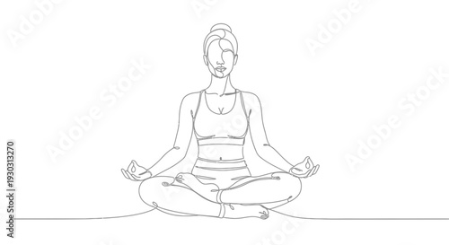 Woman meditating in lotus position, minimalist line art, yoga and wellness concept