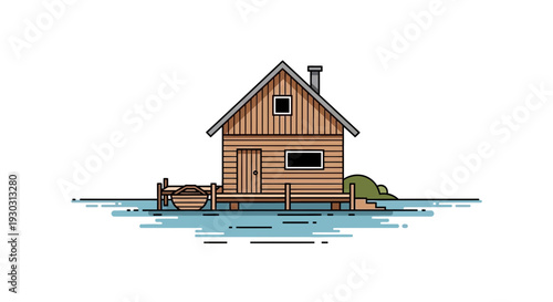 Wooden Cabin on Stilts by the Water with Dock and Boat
