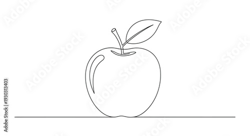 Continuous line drawing of a fresh, ripe apple with a stem and a leaf