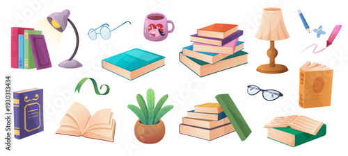 Open book with cartoon education elements - cozy reading desk lamp, glasses and bookmark. Stack of novels with coffee cup, potted plant and colorful markers with study atmosphere for students.