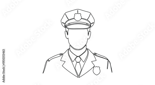 Continuous line drawing of a police officer in uniform with a hat and badge