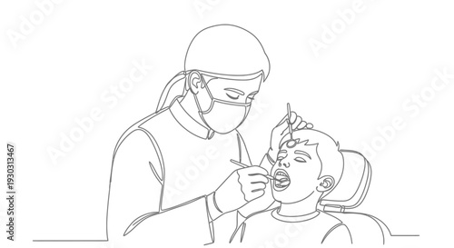 Continuous line drawing of a dentist examining a young child's teeth