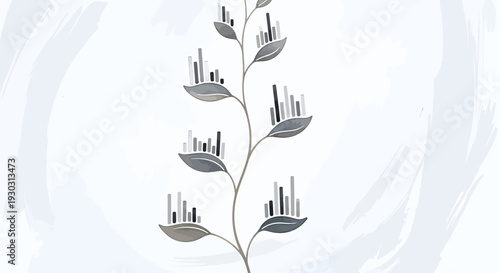 A stylized plant stem with leaves, each leaf featuring a bar graph or city skyline, illustrating growth and data visualization.