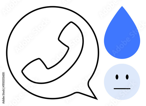 Communication, mental health, emotional support, sadness, connectivity, outreach. Phone inside a speech bubble, blue teardrop neutral face. Communication and mental health in symbolic design