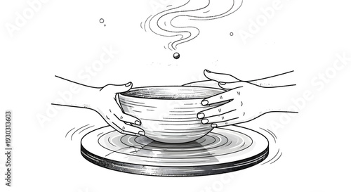 Detailed black and white line drawing of two hands shaping a ceramic bowl on a pottery wheel, with steam rising.