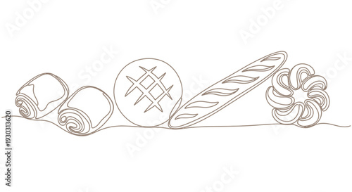 Assorted Baked Goods in Continuous Brown Line Art Style