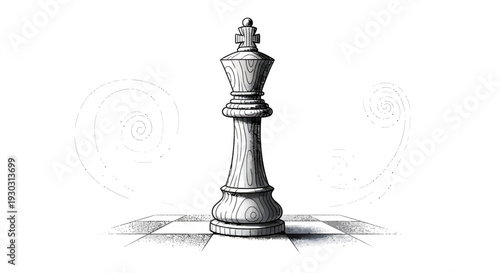Detailed sketch of a white chess king piece standing on a chessboard with subtle background swirls.