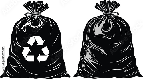 Garbage bag silhouette with recycle symbol, black trash sack icon isolated on white background environmental waste concept illustration