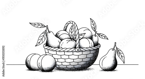 Detailed black and white illustration of a woven basket overflowing with fresh pears and peaches, with additional fruits scattered nearby.