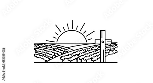 Sunrise Over Vineyard with Christian Cross: Faith, Agriculture, Hope