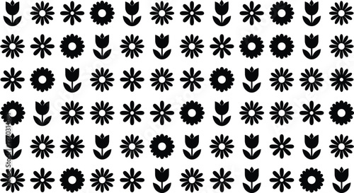 Flower icon pattern set, floral silhouette tulip daisy blossom vector collection isolated on light background illustration