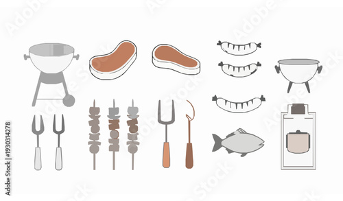 Hand drawn BBQ monoline icon set grill steak sausages vector