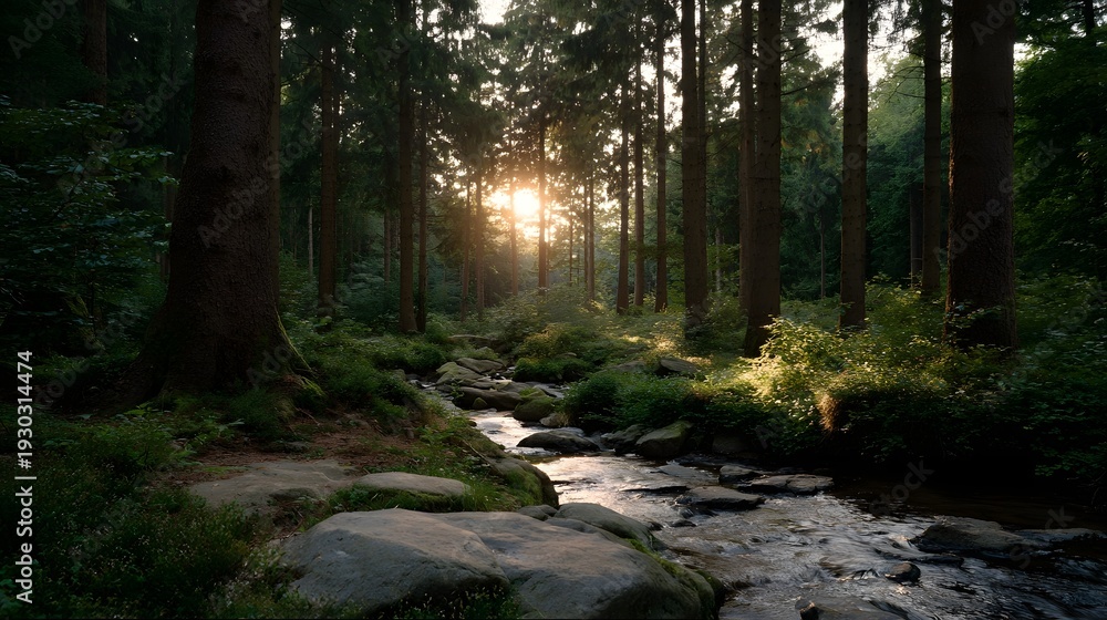 Obraz premium Golden hour sunbeams filter through a dense forest onto a clear stream flowing over mossy rocks