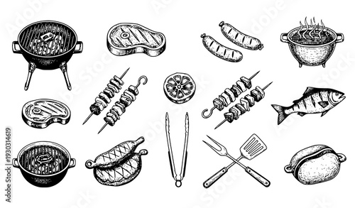 Vintage engraved BBQ icons set grill steak sausages skewers vector