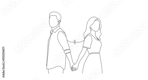 Tableau sur toile Connected Couple Holding Hands with String Tie Continuous Line Art