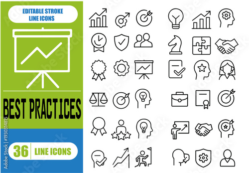 Best practices icon set. Containing workflow, guidelines, performance, standards, improvement, protocols, procedures and methodology. Solid vector icons collection.