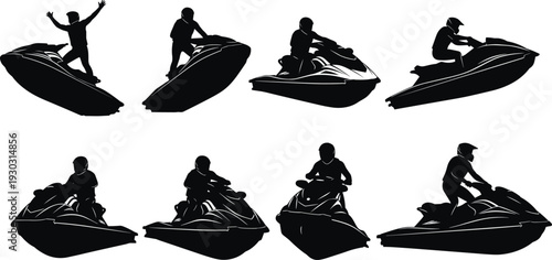 Jet ski silhouette collection set, personal watercraft rider action poses isolated on white background vector illustration