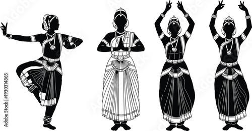 Indian classical dance silhouettes, Bharatanatyam mudras poses, traditional female dancers, cultural heritage illustration isolated on light background vector style artwork