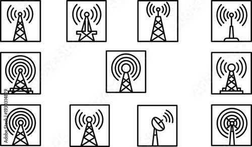 Radio tower and wireless signal icon set with antenna transmission flat vector illustration cad