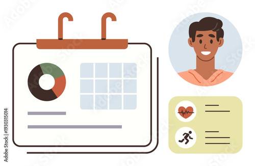 Fitness tracking, health monitoring, data management, personal wellness, scheduling, and active lifestyle. Calendar and analytics with user profile and health activity icons. Fitness tracking