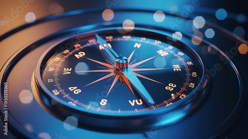A close-up macro photograph of a compass surrounded by a dark blue environment with blurred lights