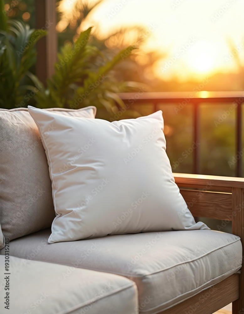 Naklejka premium Soft white cushion rests on outdoor furniture on a warm sunset. Gentle light creates cozy ambiance on patio. Relaxing evening on balcony with view.
