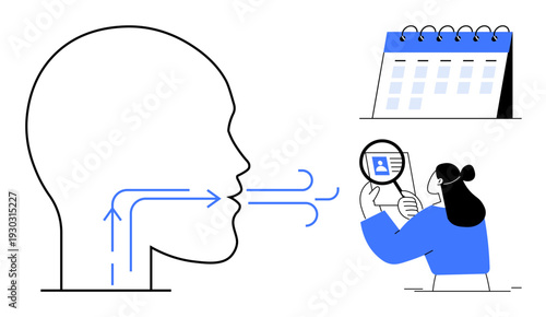 Communication concept. Communication with research and planning involved. Communication ed through visuals of speech, analysis, and scheduling. For education, teamwork, business planning, AI