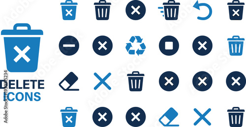 Delete and trash icon set with bin recycle erase and cancel symbols flat vector illustration