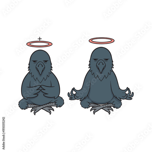 Two Ravens Meditating with Halos in Minimalist Style