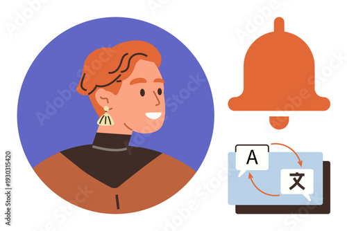 Language learning, notifications, global communication, translation tools, user profiles, efficiency. A person s portrait next to a translation display and a notification bell. Language learning