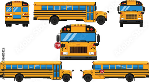 Illustration of a Yellow School Bus from Different Angles