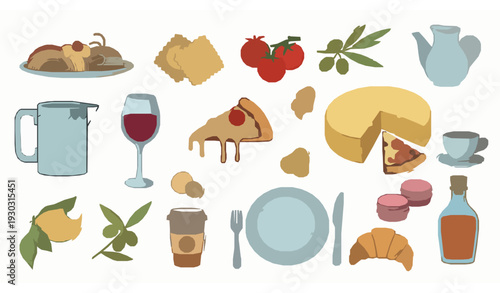 Whimsical Italian French café food doodle sketch vector summer collection