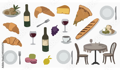 Italian and French food doodle sketch vector set in la dolce vita style