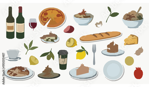 La dolce vita Italian and French food doodle cartoon vector party set