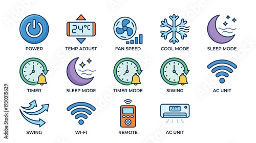 Collection of air conditioner remote control icons illustrating various functions and settings for climate control.