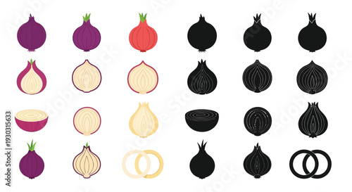 Collection of various types of onions, including whole, halved, and sliced red, yellow, and black onions, presented in a grid layout.