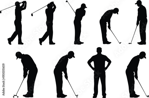 Golfer silhouettes set, black vector collection of golf swing and putting poses isolated sports player illustration