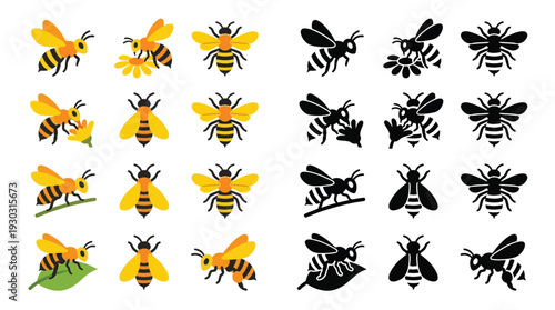 Collection of stylized bee illustrations in both colorful and silhouette versions, showcasing various poses and interactions with flowers and leaves.