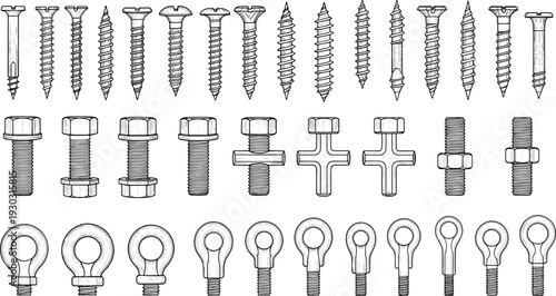 Screws bolts nuts and eye bolts set, detailed metal fasteners collection isolated on white background technical vector illustration
