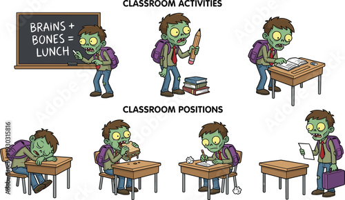 Zombie Student Classroom Activities Cartoon Set, Undead Schoolboy Learning, Eating Lunch, Sleeping and Studying in Funny Education Illustration