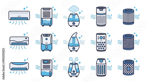 Collection of various air treatment appliances including air conditioners, humidifiers, and air purifiers, depicted in a clean, modern icon style with blue accents.