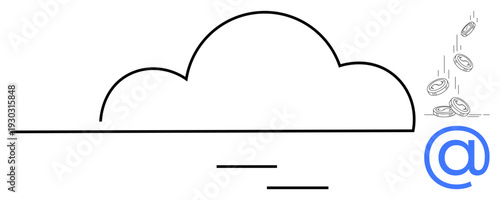 Cloud computing, digital transactions, email services, online technology, data storage, financial transfers. A cloud outline with coins and an email icon. Cloud computing and digital transactions