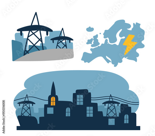 City blackout and energy crisis with electricity tower and map