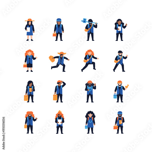 Diverse business people characters in various actions and professions with blue and orange colors