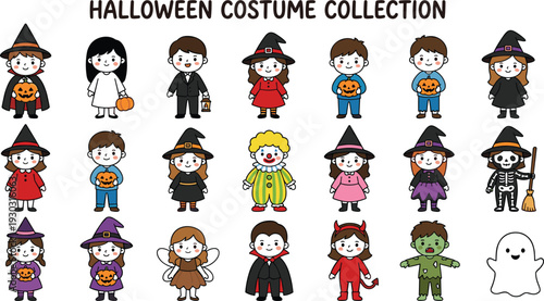 Halloween Costume Collection for Kids, Cute Cartoon Children in Witch, Vampire, Clown and Ghost Outfits Illustration Set