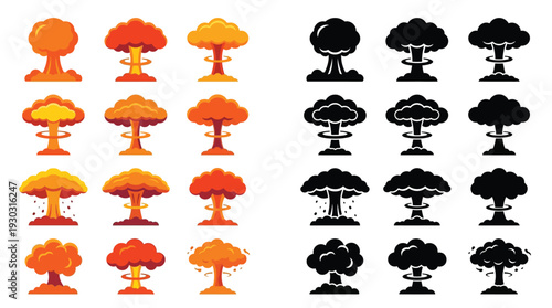 Collection of colorful and black and white mushroom cloud explosion icons representing nuclear detonations and atomic bomb blasts.