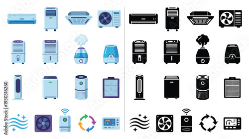 Collection of various air treatment appliances and symbols, presented in both color and silhouette versions.