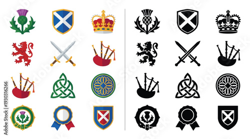 Collection of Scottish cultural symbols, including thistles, saltires, crowns, lions, swords, bagpipes, and Celtic knots, presented in both color and silhouette.
