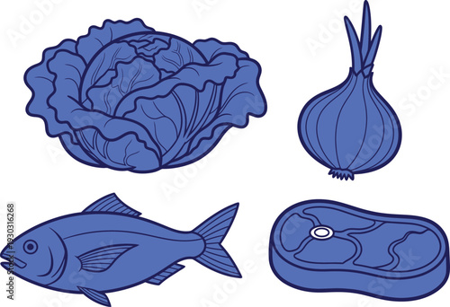 A blue illustration of a fish meat onion and cabbage on a white background