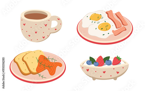 Healthy breakfast food with fried eggs, crispy bacon, coffee cup, toast and oatmeal bowl